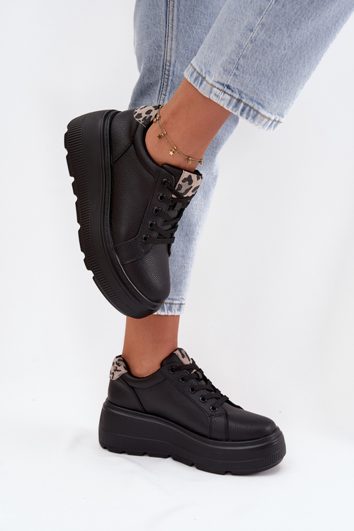 Skórzane Sneakersy Damskie Na Platformie Panterka Vinceza 89144 Czarne