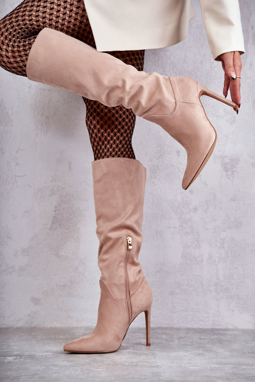 Klasyczne Zamszowe Kozaki Na Szpilce Beżowe Ameya