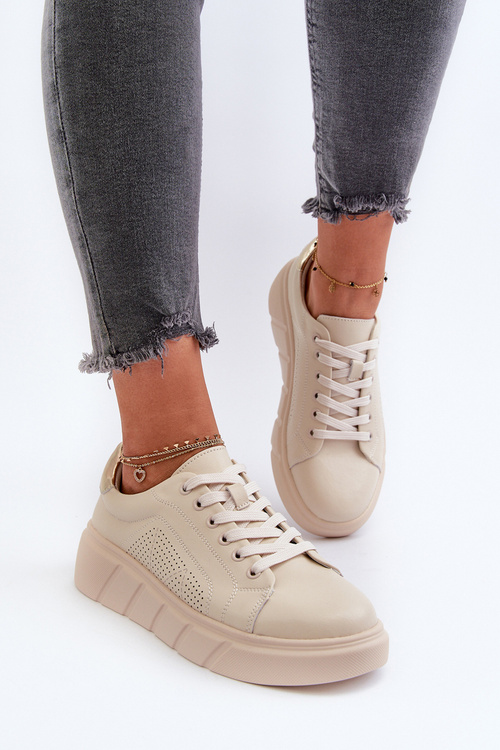 Damskie Skórzane Sneakersy Na Platformie Beżowe Gatira