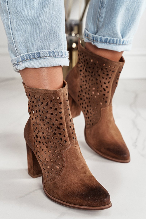 Ażurowe Botki Na Słupku Zamszowe Exquisite 1219 Koniak