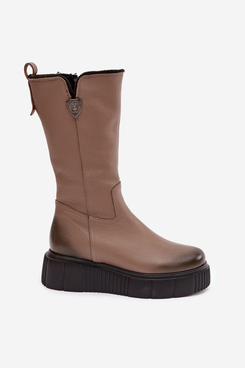 Zazoo 70121 Skórzane Damskie Kozaki Z Wełną Ciemnobeżowe