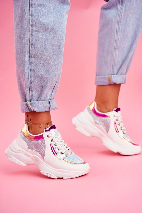 Sportowe Damskie Buty Brokatowe Białe Vebi