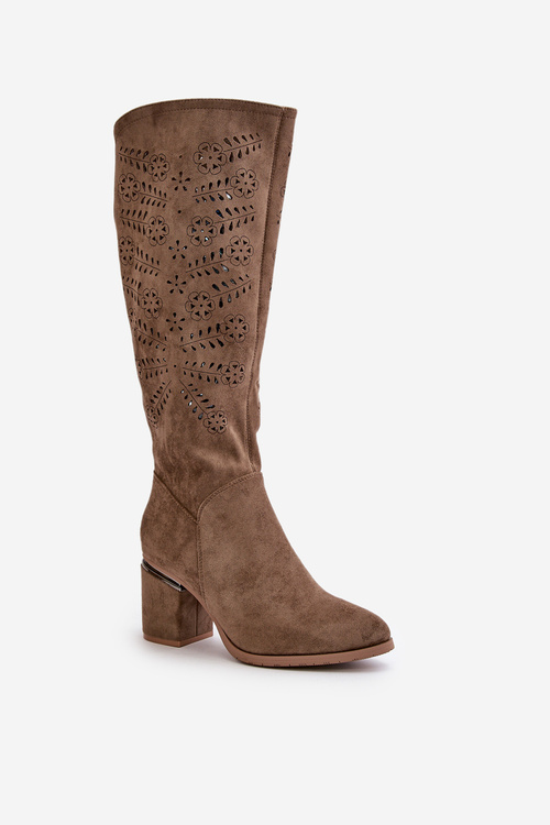 Ażurowe Kozaki Damskie Na Słupku Z Eko Zamszu Vinceza 16443 Ciemnobeżowe