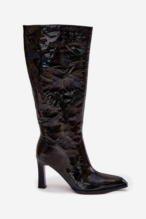 Skórzane Lakierowane Kozaki Damskie Na Obcasie Ocieplane D&A CR52-716 Czarne