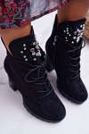 Botki Damskie na Słupku Platformie Zamszowe Czarne Fieste