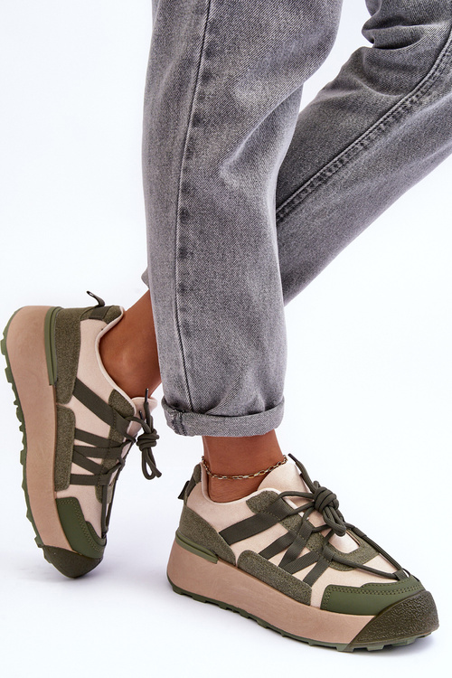 Damskie Zamszowe Buty Sportowe Na Platformie Beżowo-Zielone Rohan