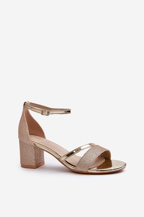 Brokatowe Sandały Damskie Na Niskim Słupku Złote Ploemis