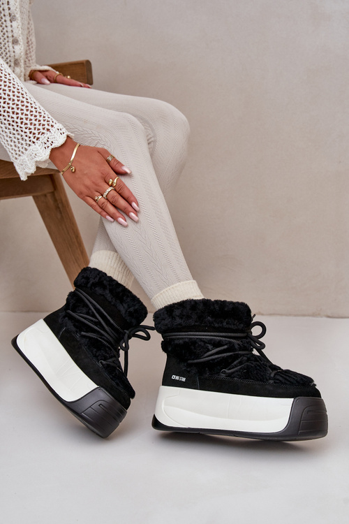 Skórzane Śniegowce Damskie Na Grubej Podeszwie Z Futerkiem Big Star OO274A206 Czarne