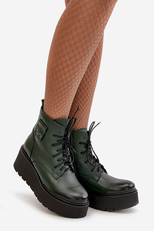 Zazoo 60499 Damskie Botki Na Platformie I Koturnie Ocieplane Skóra Naturalna Ciemnozielone