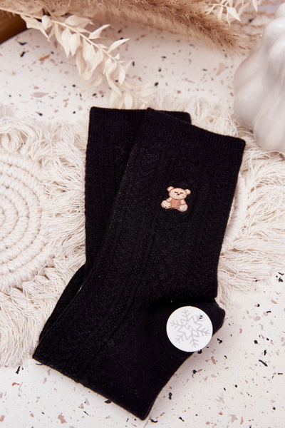 Ciepłe Skarpetki Damskie Z Wełną Miś Czarne