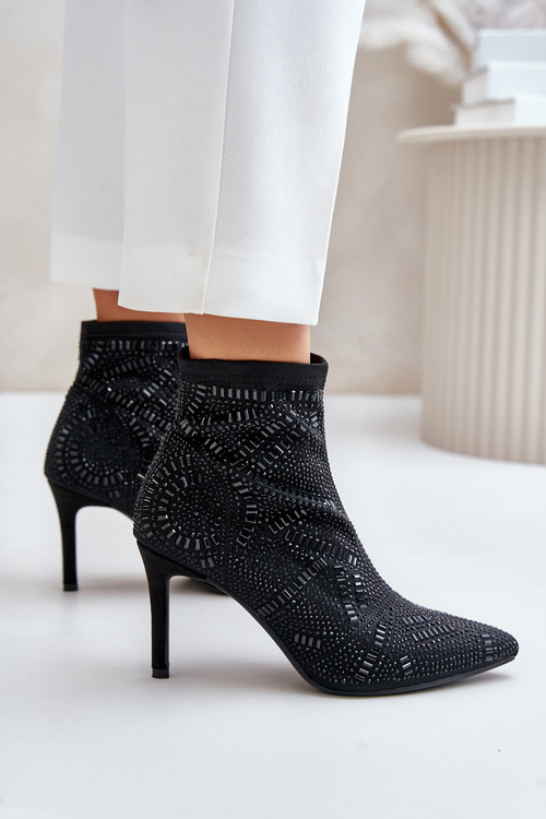 Wsuwane Zdobione Botki Na Szpilce S.Barski HY42-161 Czarne