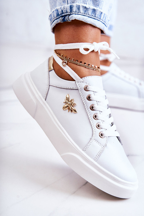 Skórzane Buty Sportowe Z Ozdobą Białe Calerie