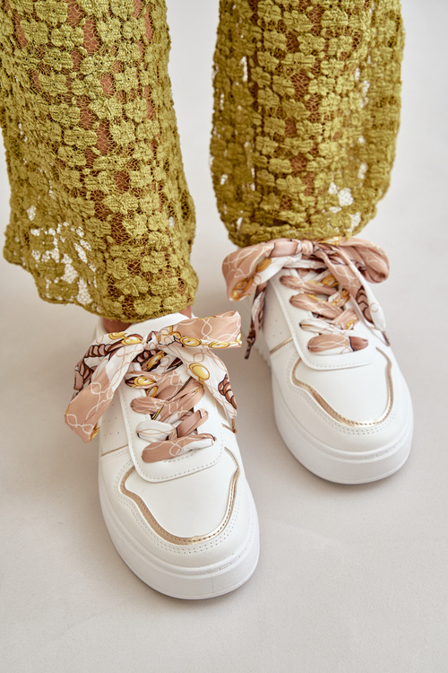 Sneakersy Damskie Na Platformie Z Ozdobnym Sznurowaniem Białe Mistra