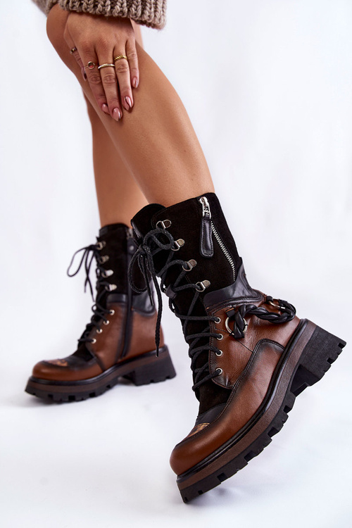 Skórzane Wysokie Botki Workery Maciejka 05586-29 Brązowo-Czarne