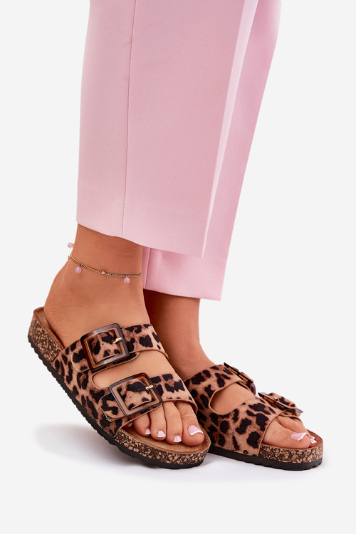 Klapki Damskie Z Klamrami Na Korkowej Podeszwie Panterka Brązowe Sercele