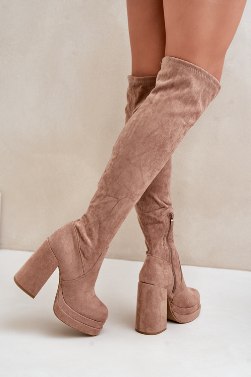 Kozaki Z Cholewką Za Kolano Na Słupku I Platformie Beżowe Nadelian