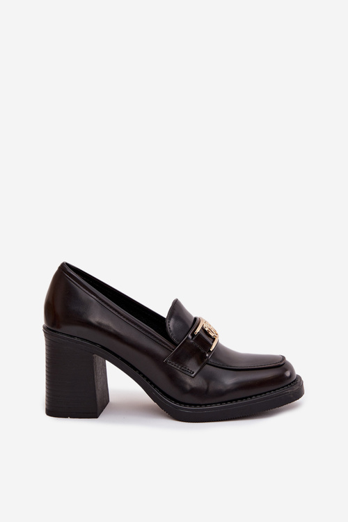 Półbuty Damskie Na Słupku Ze Złotym Detalem Czekoladowe Privelle