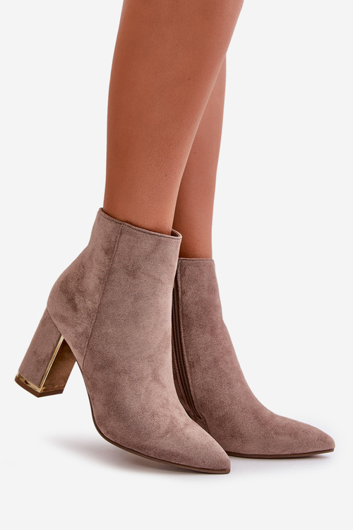 Botki Damskie Na Słupku Zapinane Na Zamek Ocieplane Eko Zamszowe Beżowe Mevair