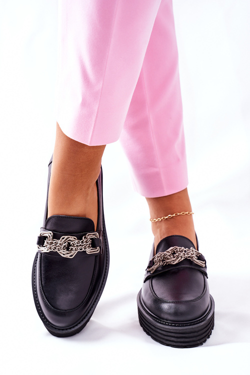 Damskie Półbuty Loafery Skórzane Czarne Laura Messi 2383