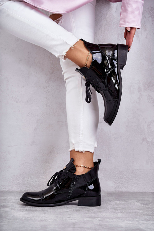Lakierowane Botki Trzewiki Sznurowane Nicole 2781 Czarne