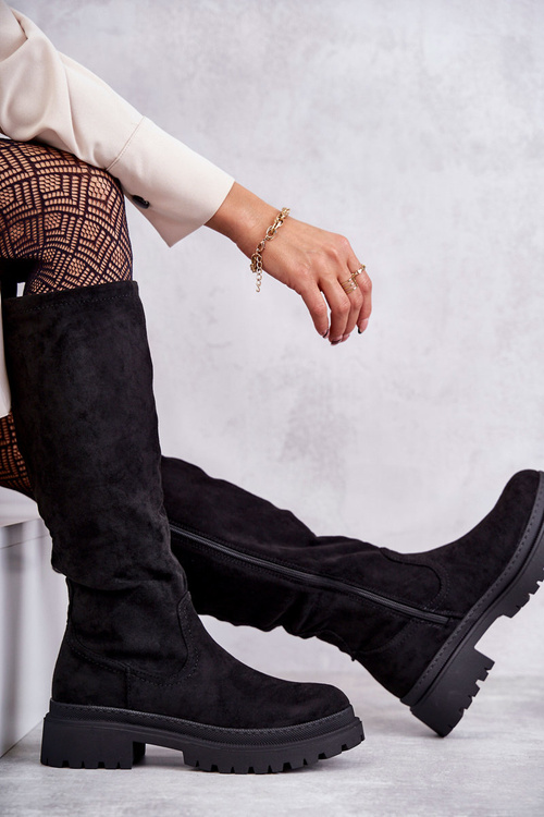 Damskie Ocieplane Kozaki Do Kolana Czarne Helma