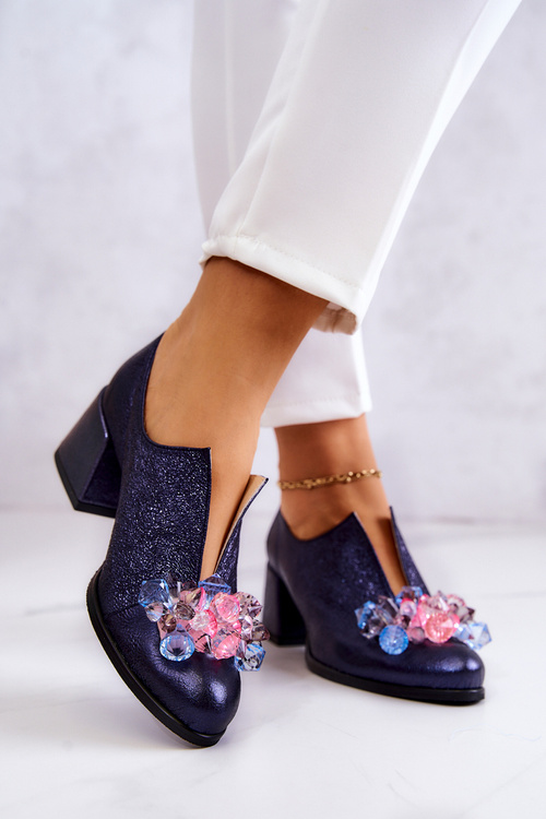 Skórzane Półbuty Metaliczne Z Ozdobą Granatowe Delaver