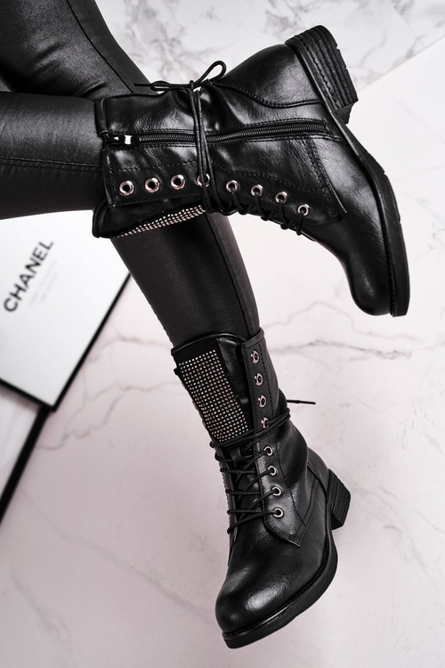 Botki Damskie Ciepłe Workery Z Cyrkoniami Czarne Seven Days