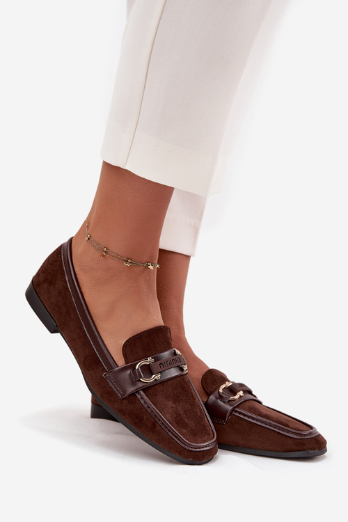 Mokasyny Loafersy Damskie Z Ozdobnym Elementem Czekoladowe Evelora