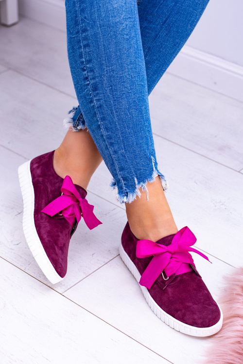 Bordowe Skórzane Damskie Tenisówki Loop