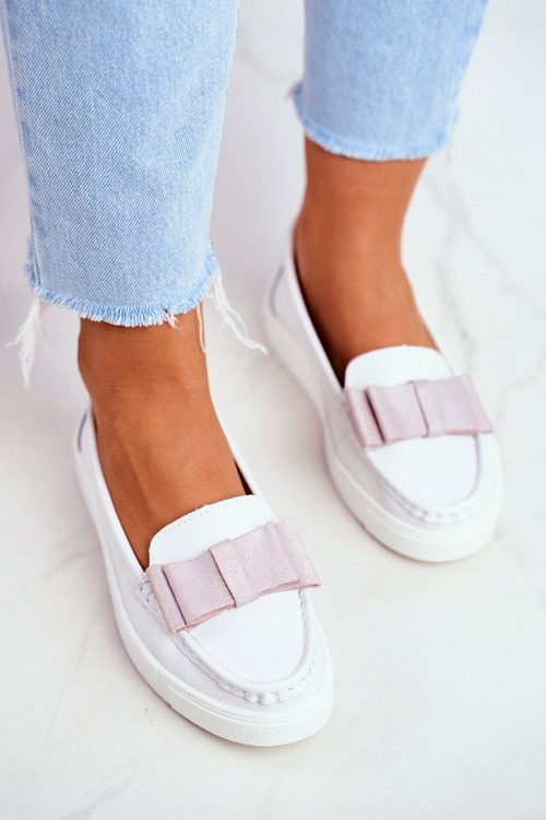 Mokasyny Damskie Skórzane Biało Różowe Lovren