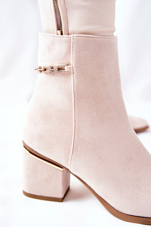 Damskie Zamszowe Botki Na Słupku Beżowe One Step