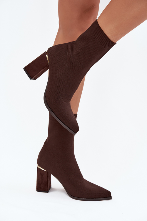 Materiałowe Wsuwane Botki Damskie Na Słupku Czekoladowe Virelle