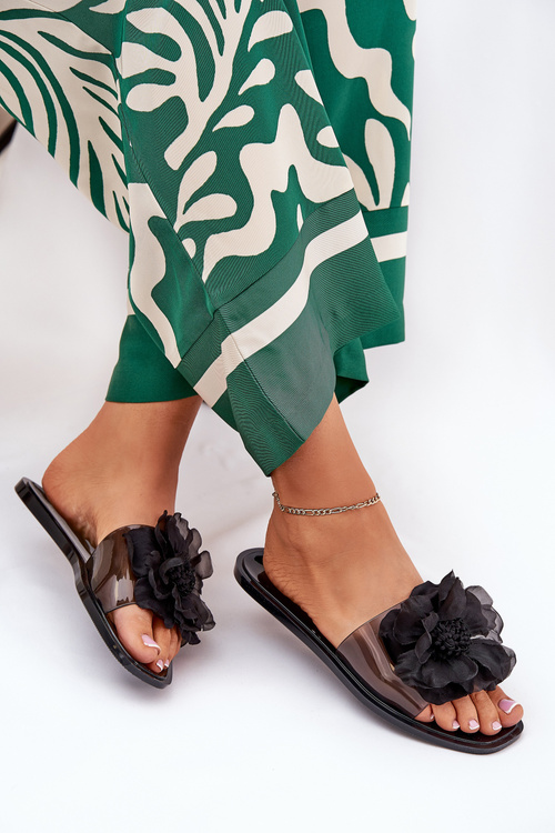 Transparentne Płaskie Klapki Damskie Ze Sztucznym Kwiatem Czarne Vobetta