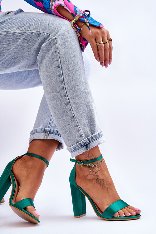 Satynowe Sandały Na Obcasie Zielone Linsy