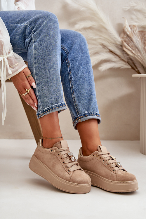 Sneakersy Damskie Na Platformie Z Misiem Beżowe Vailina