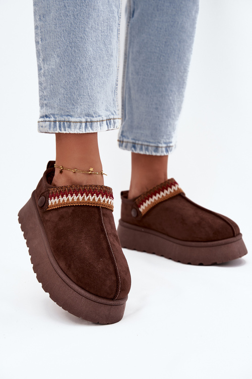 Śniegowce Damskie Niskie Z Ruchomym Paskiem I Haftem Na Platformie Czekoladowe Lyrisse