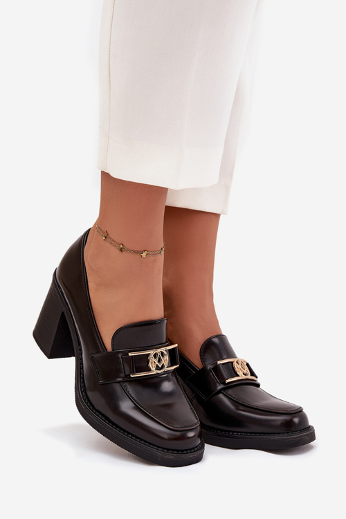 Półbuty Damskie Na Słupku Ze Złotym Detalem Czekoladowe Privelle