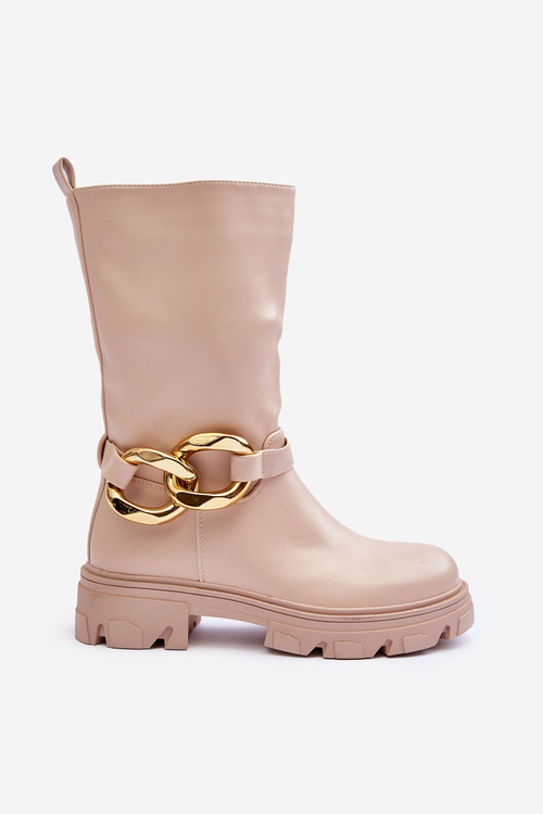 Skórzane Kozaki Na Płaskim Obcasie Beżowe Diominna