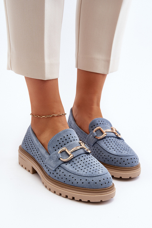 Mokasyny Damskie Ażurowe Z Ozdobą Niebieskie Talesse