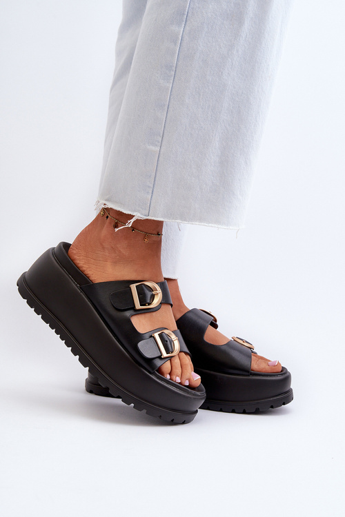 Damskie Klapki Na Masywnej Platformie Czarne Mililena