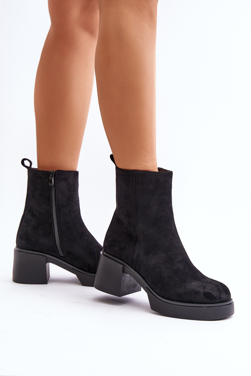 Eko Zamszowe Damskie Botki Na Słupku Ocieplane Czarne Meriluna