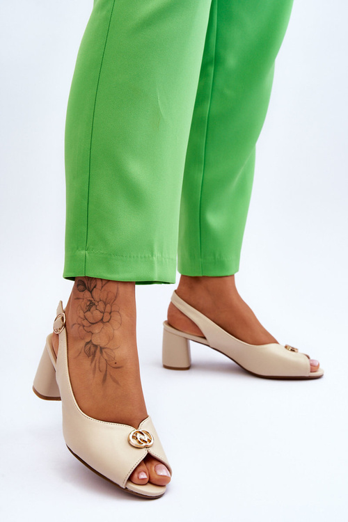 Modne Skórzane Sandały Na Obcasie Beżowe Hette