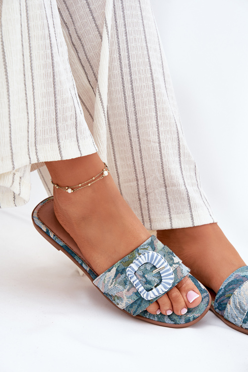 Płaskie Klapki Damskie Z Ozdobną Klamrą Niebieskie Clariola