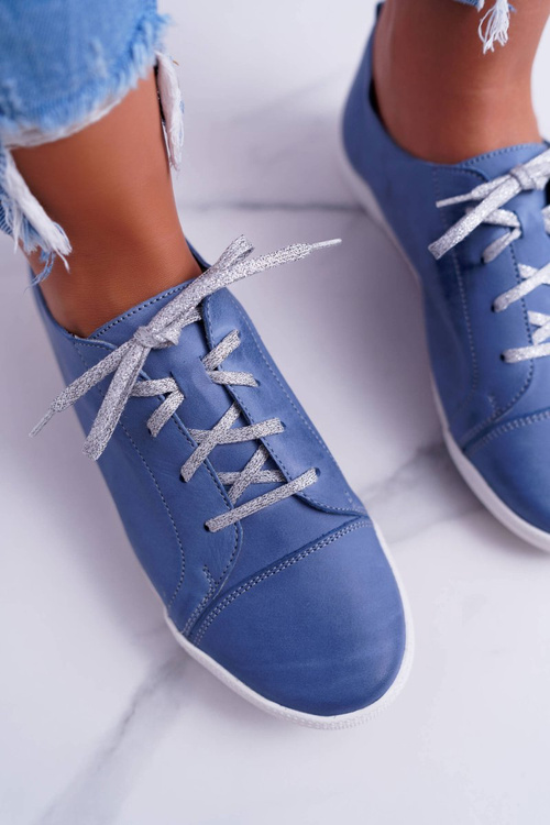 Półbuty Damskie Tenisówki Maciejka Skórzane Jasno Niebieskie 4049A