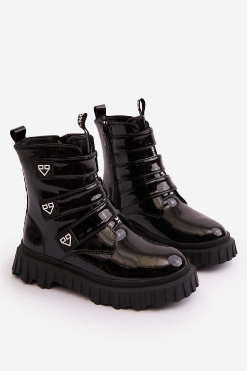 Lakierowane Ocieplane Botki Dziewczęce Czarne Rilina