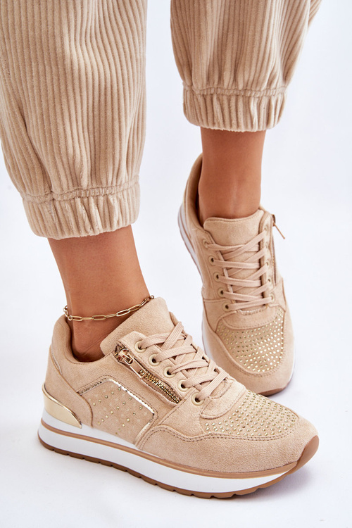 Damskie Buty Sportowe Z Ozdobnym Zamkiem Beżowe Adrea