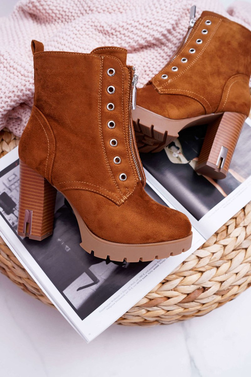 Botki Damskie Na Słupku Ozdobny Suwak Zamsz Camel Imagine