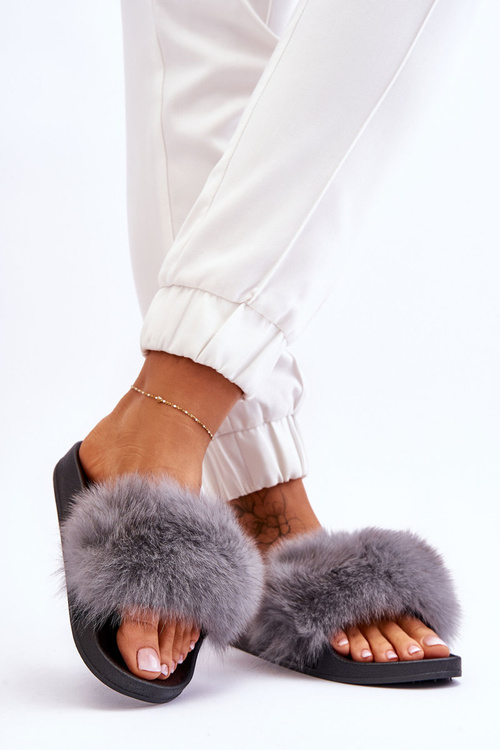 Damskie Gumowe Klapki Z Futerkiem Szare Lucrece