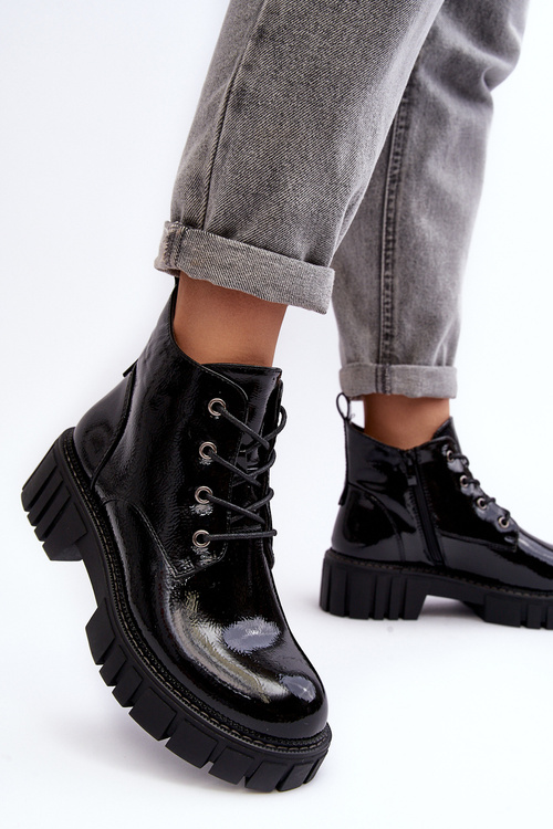 Lakierowane Ocieplane Botki Sznurowane Czarne Bjorg