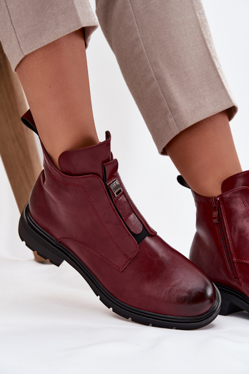Ocieplane Botki Damskie Na Zamek Z Ozdobnym Detalem Bordowe Roselle
